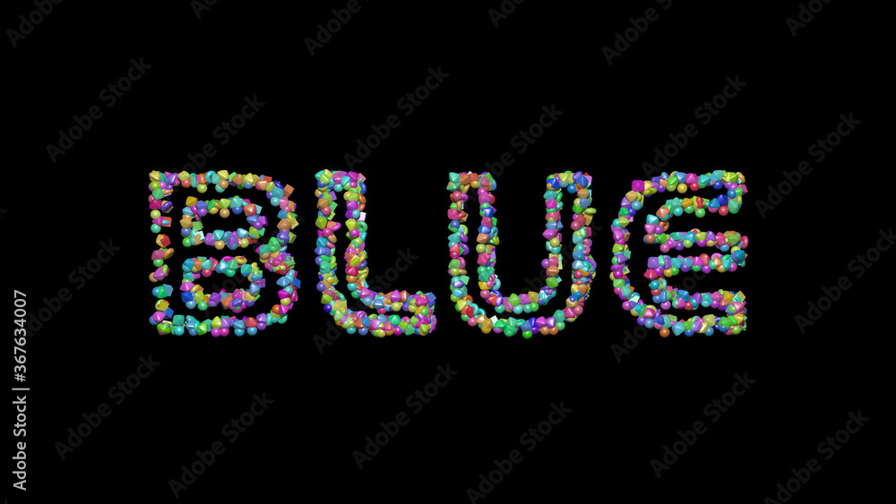 Poster colorful 3d writing of blue text with small objects over a dark background and matching shadow. illu