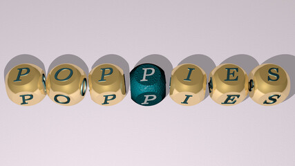 crosswords of POPPIES arranged by cubic letters on a mirror floor, concept meaning and presentation. background and red