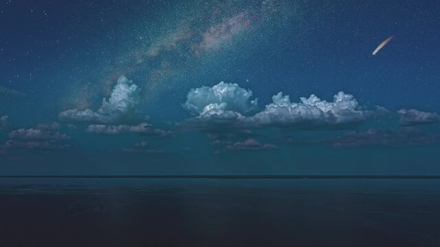 The scenery starry sky with falling comet on the horizon. hyper lapse