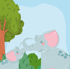 cute animals elephants tree bushes forest nature wild cartoon