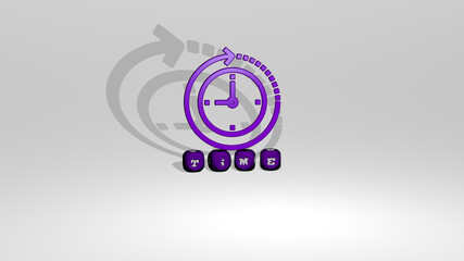 3D representation of TIME with icon on the wall and text arranged by metallic cubic letters on a mirror floor for concept meaning and slideshow presentation