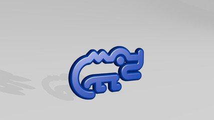 reptile crocodile made by 3D illustration of a shiny metallic sculpture with the shadow on light background. animal and alligator