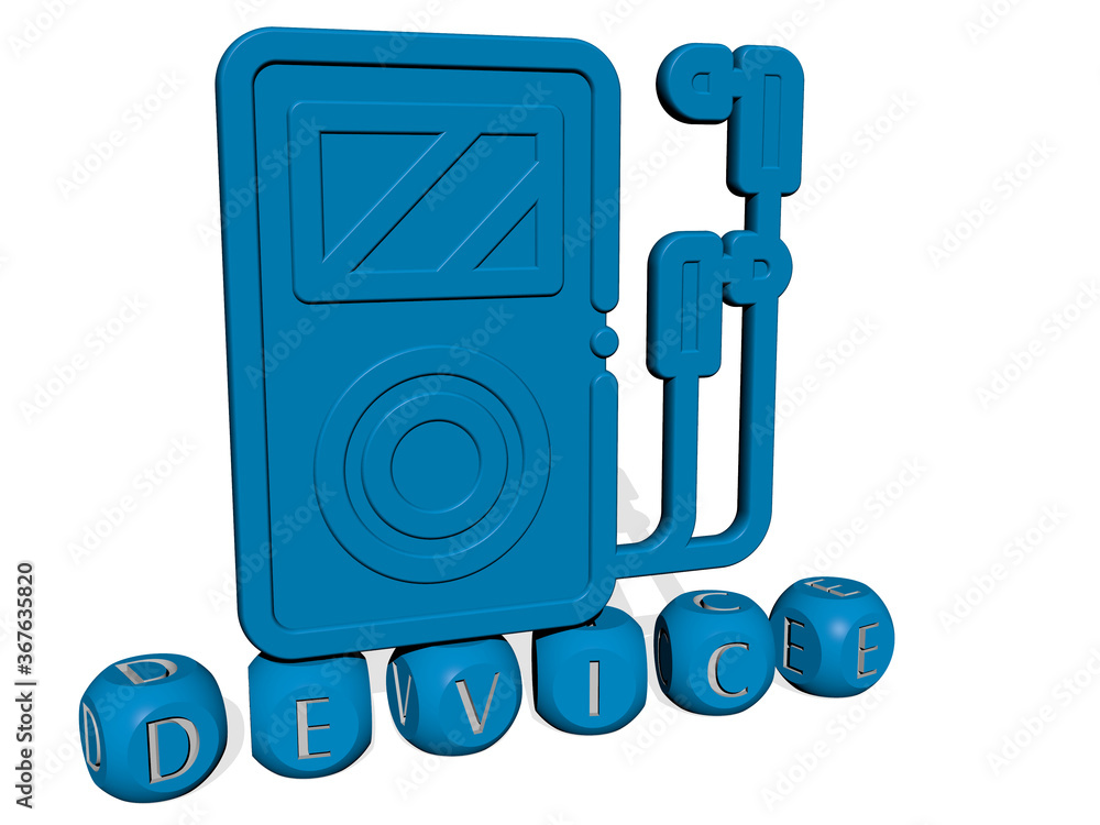Fototapete 3d illustration of device graphics and text made by metallic dice letters for the related meanings o