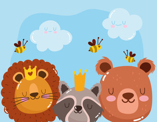 cute animals adorable faces lion bear raccoon with bees and crowns cartoon