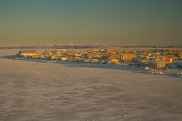 An aerial view on a cold winter morning of the village of Kotzebue, Alaska