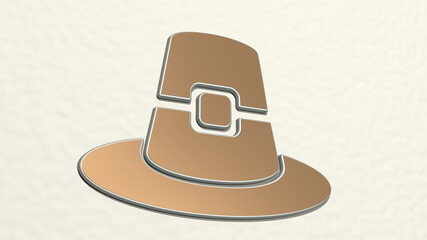 MAGICIAN HAT made by 3D illustration of a shiny metallic sculpture on a wall with light background. cartoon and character