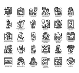 Set of muslim wedding thin line and pixel perfect icons for any web and app project.