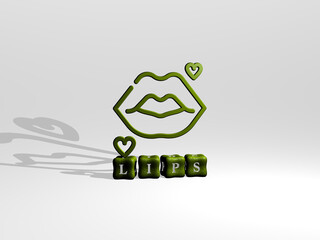 3D representation of lips with icon on the wall and text arranged by metallic cubic letters on a mirror floor for concept meaning and slideshow presentation. beautiful and woman