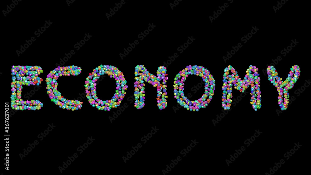 Poster colorful 3d writing of economy text with small objects over a dark background and matching shadow. b