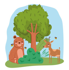 Obraz na płótnie Canvas cute animals bear with reindeer and bees tree bush grass forest nature wild cartoon