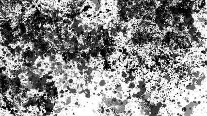 Abstract black ink and watercolor splashes on white paper. Random drops and blots. Splatter background.