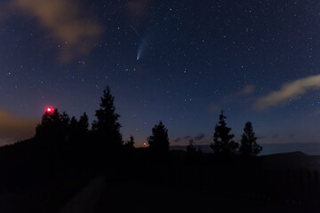 Cloudy Night over the landscape of Sete Cidades with the Comet Neowise in the Sky. São Miguel...