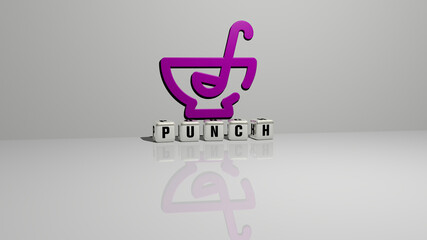3D illustration of PUNCH graphics and text made by metallic dice letters for the related meanings of the concept and presentations. background and boxing