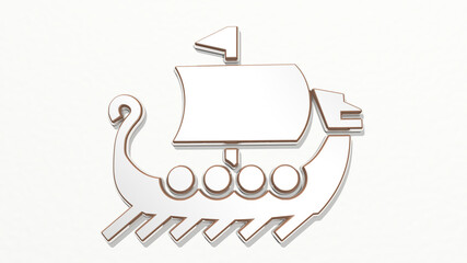 viking boat made by 3D illustration of a shiny metallic sculpture on a wall with light background. ancient and helmet