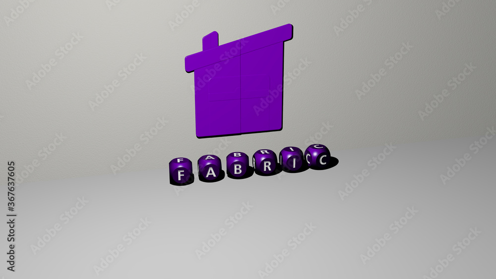Poster 3d representation of fabric with icon on the wall and text arranged by metallic cubic letters on a m