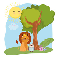 Obraz na płótnie Canvas cute animals lion with crown and owl grass forest nature wild cartoon