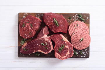 Variety of raw beef meat steak