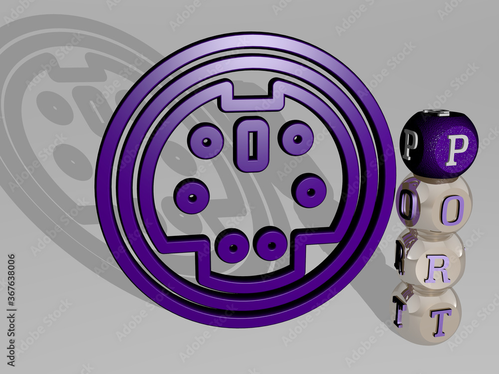 Poster 3d representation of port with icon on the wall and text arranged by metallic cubic letters on a mir