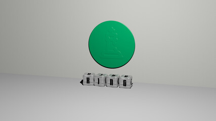 3D representation of king with icon on the wall and text arranged by metallic cubic letters on a mirror floor for concept meaning and slideshow presentation. illustration and background