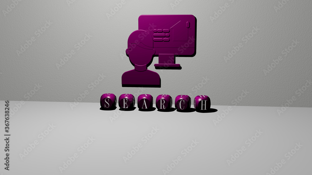 Poster 3d graphical image of search vertically along with text built by metallic cubic letters from the top