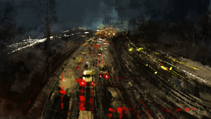 Digital painting of a highway at night,  brush stroke, emotion illustration