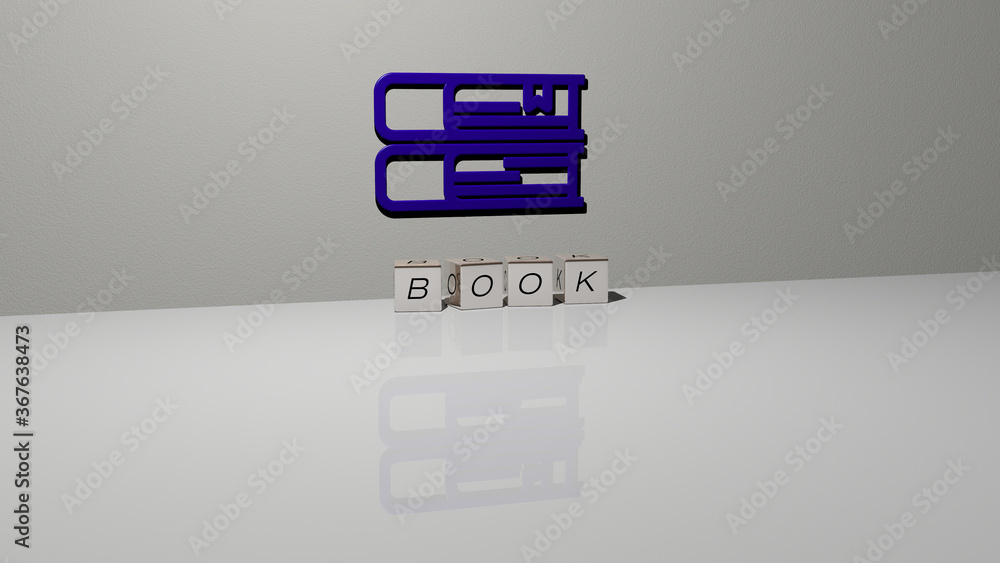Poster 3d graphical image of book vertically along with text built by metallic cubic letters from the top p