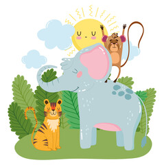 cute elephant monkey and tiger grass bushes nature wild cartoon
