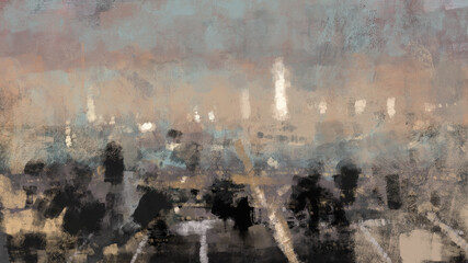 Digital painting of an aerial view of a city, traditional brush stroke illustration