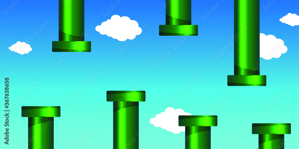 Poster old video game retro style background with pipes and clouds. vector illustration.