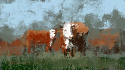 Digital painting of a field with cows in traditional brush strokes illustration