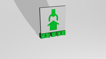 3D graphical image of HOUSE vertically along with text built by metallic cubic letters from the top perspective, excellent for the concept presentation and slideshows. building and architecture