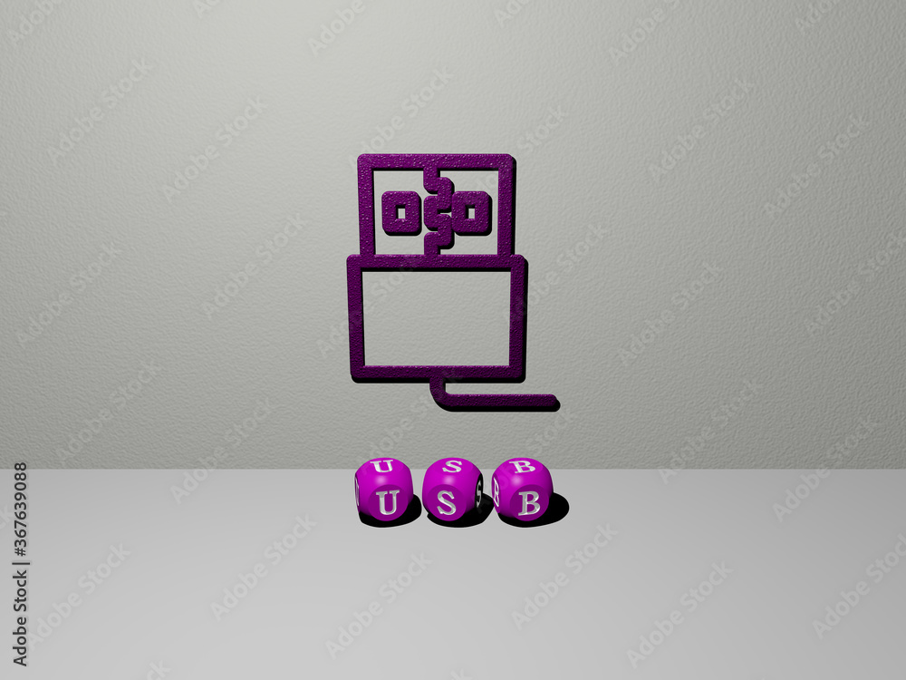 Fototapete 3d illustration of usb graphics and text made by metallic dice letters for the related meanings of t