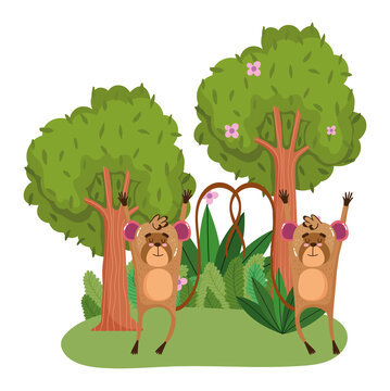 cute animals moneky trees flowers grass forest nature wild cartoon