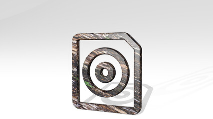 audio file disk made by 3D illustration of a shiny metallic sculpture casting shadow on light background. music and design