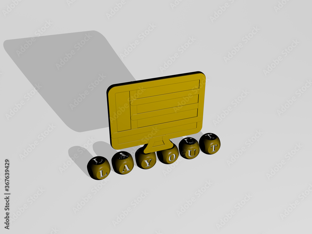 Poster 3d graphical image of layout vertically along with text built by metallic cubic letters from the top