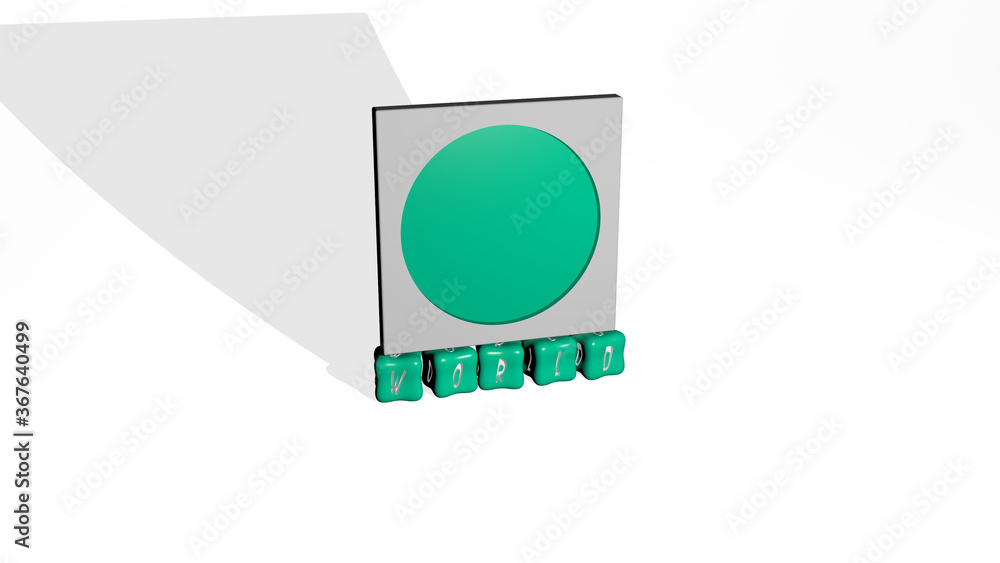 Poster 3d representation of world with icon on the wall and text arranged by metallic cubic letters on a mi