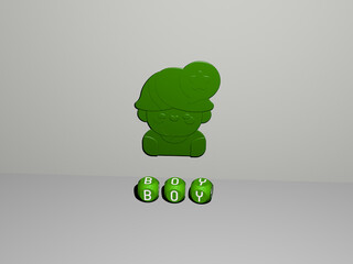 3D graphical image of BOY vertically along with text built by metallic cubic letters from the top perspective, excellent for the concept presentation and slideshows. child and illustration