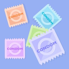 A batch of colorful condoms package illustration. Concept of birth control and safe sex.