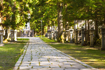 Monuments in Okunoin Cemetery in  Koyasan Mount Koya as UNESCO World Heritage Site with 1200 Years Old Center of Japanese  Shingon Buddhism