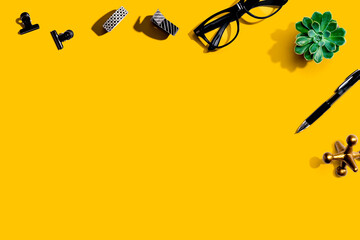 Office supplies and a plant - flat lay