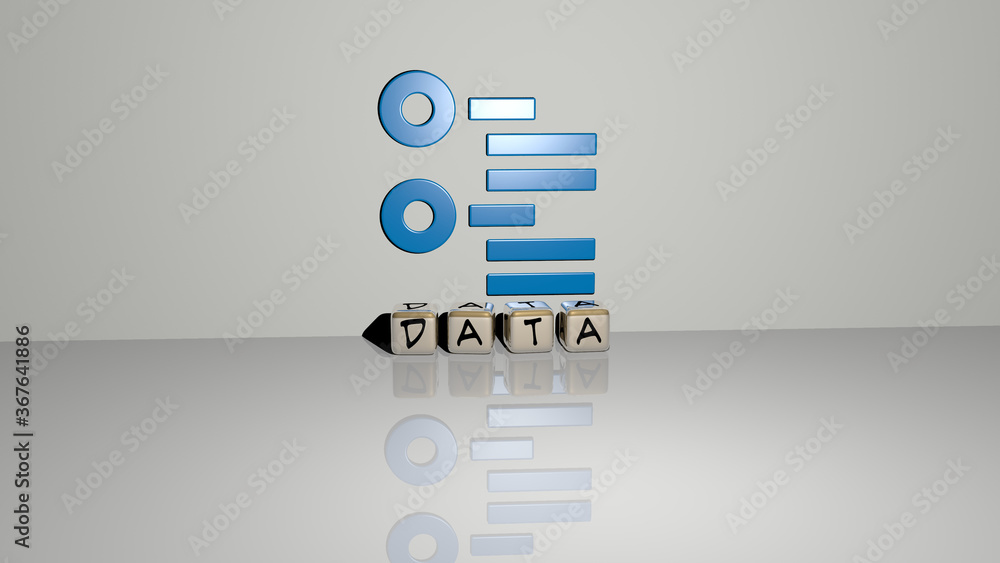 Poster 3d illustration of data graphics and text made by metallic dice letters for the related meanings of 