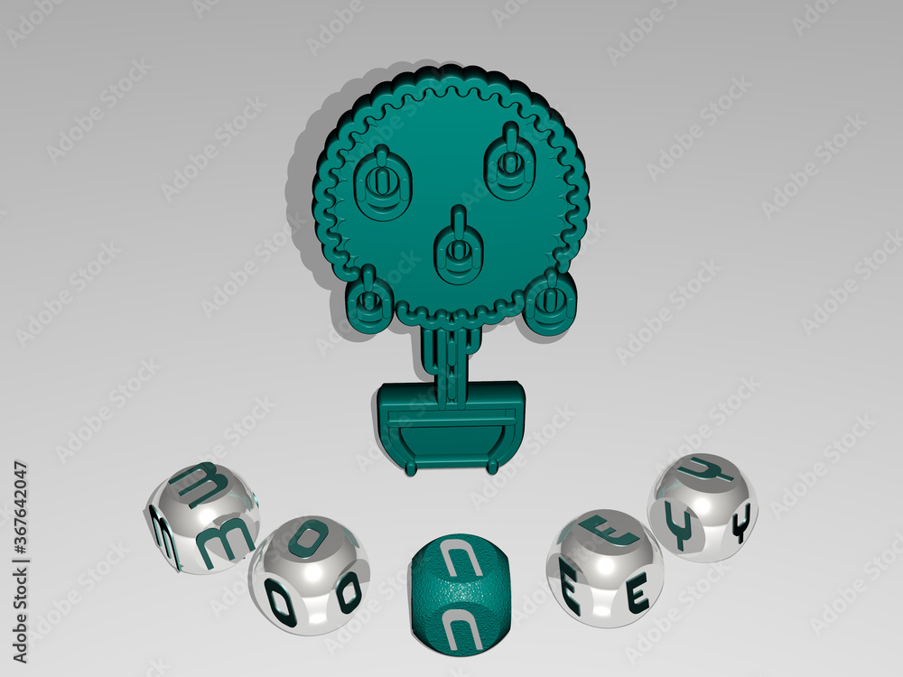 Poster 3d representation of money with icon on the wall and text arranged by metallic cubic letters on a mi