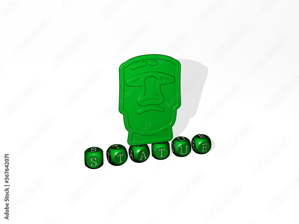 Poster 3d representation of statue with icon on the wall and text arranged by metallic cubic letters on a m