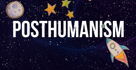 Posthumanism theme with space background with a rocket, moon, and stars