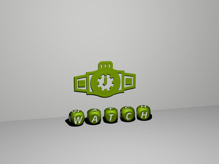 3D illustration of watch graphics and text made by metallic dice letters for the related meanings of the concept and presentations. clock and background