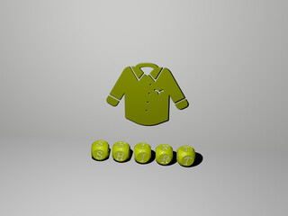 3D graphical image of SHIRT vertically along with text built by metallic cubic letters from the top perspective, excellent for the concept presentation and slideshows. background and white