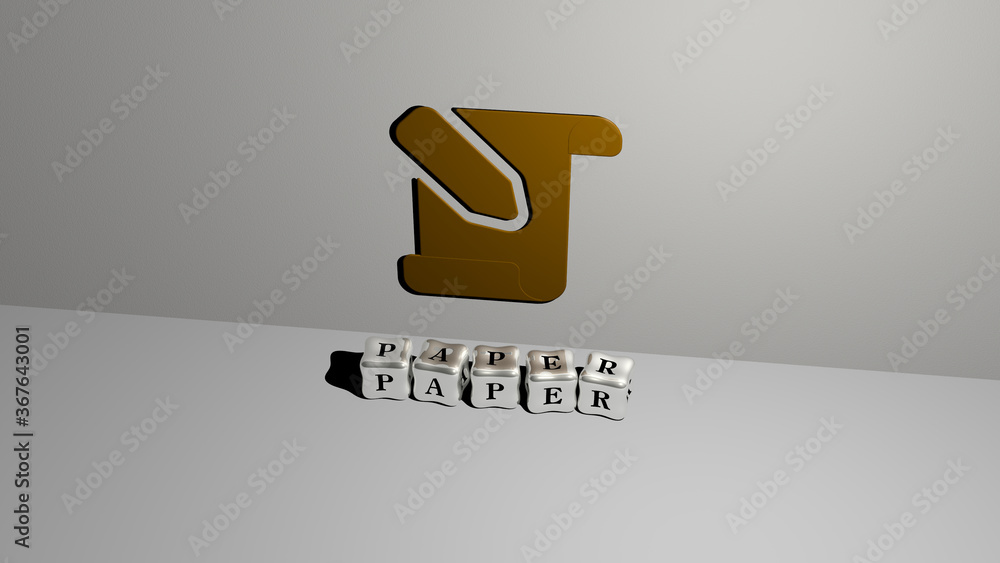 Poster 3d representation of paper with icon on the wall and text arranged by metallic cubic letters on a mi
