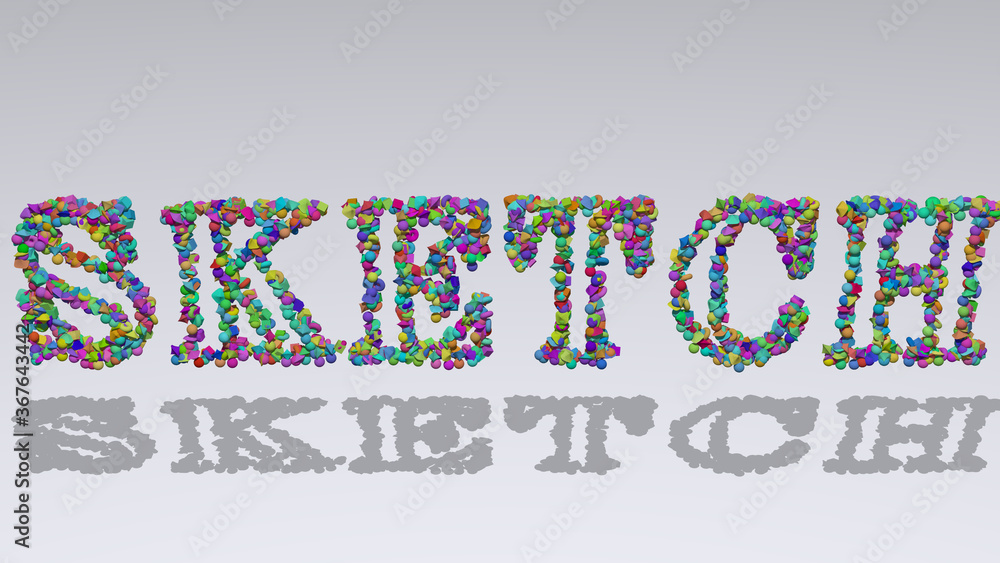 Poster colorful 3d writting of sketch text with small objects over a white background and matching shadow. 