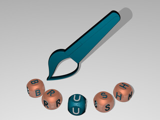 3D illustration of BRUSH graphics and text around the icon made by metallic dice letters for the related meanings of the concept and presentations. background and abstract