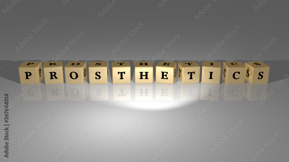 Poster 3d graphical image of prosthetics vertically along with text built by metallic cubic letters from th